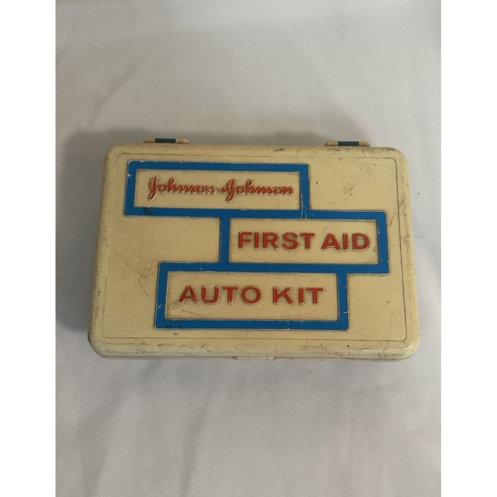 Vintage Johnson & Johnson First Aid Auto Kit Plastic Box With Guide & More